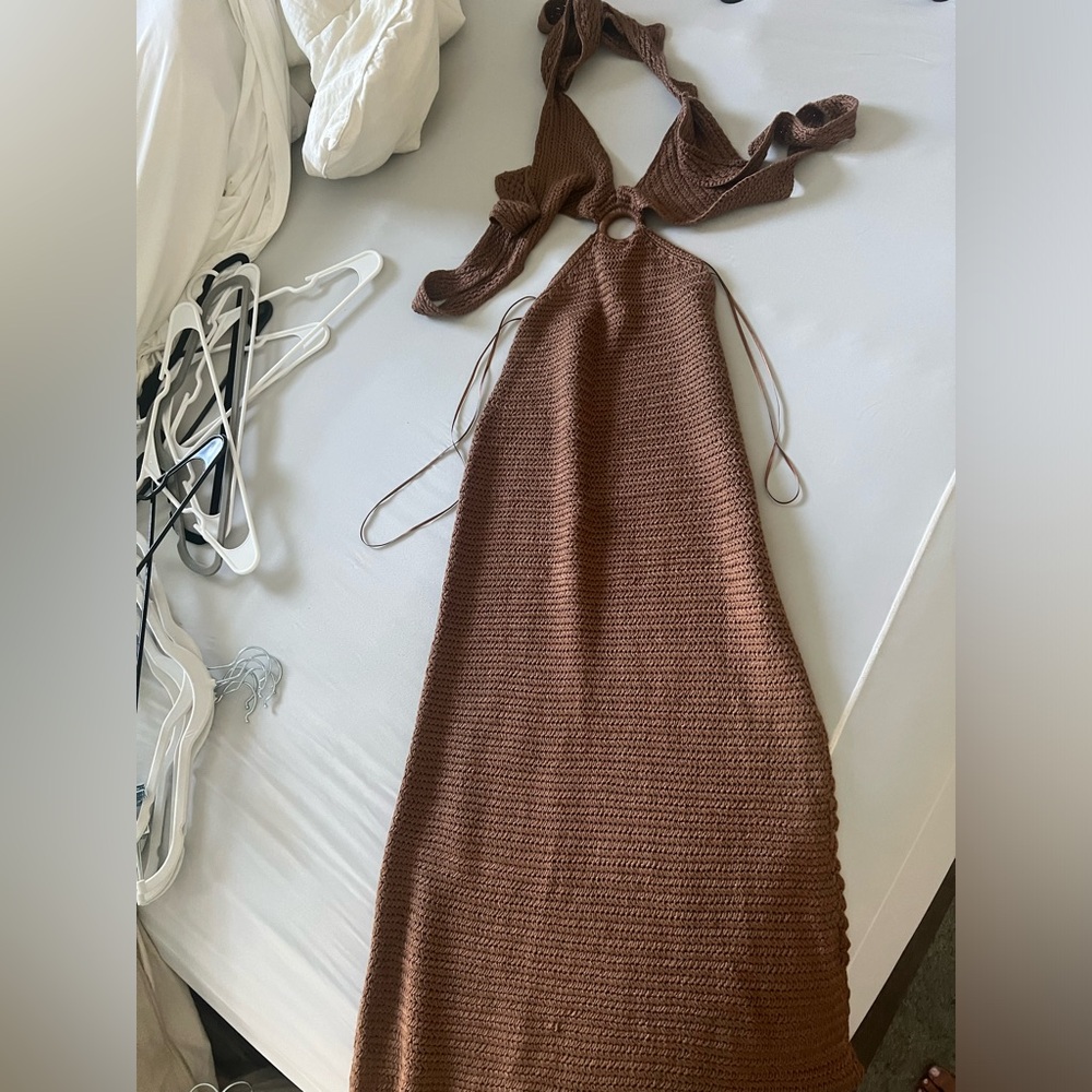 Brown tulum maxi crochet beach dress cutout sexy